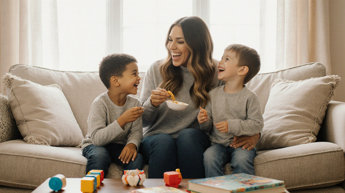 Ashley Graham laughing with her children on a couch in a cozy living room family portrait toys and books scattered around