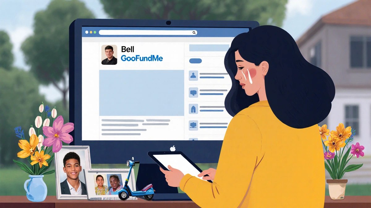 Bell stands in front of a tablet showing a GoFundMe page with photos and flowers and scooter nearby her eyes with gratitude.