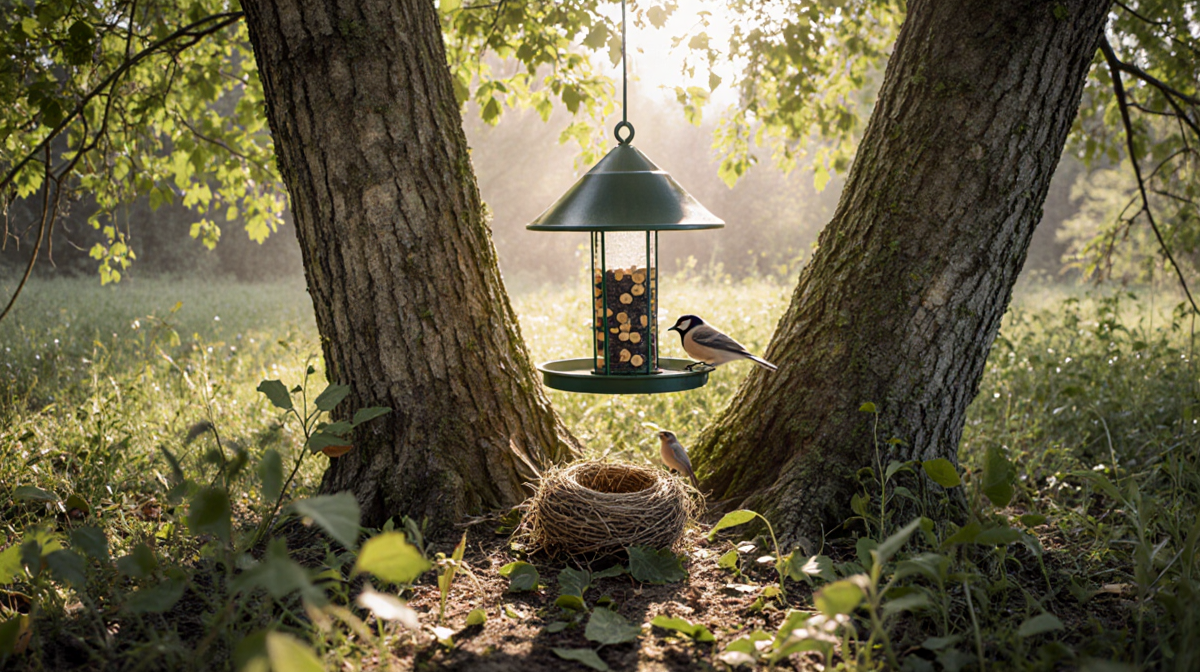 Bird perched on feeder with lush foliage and dappled sunlight, predators lurking in underbrush.