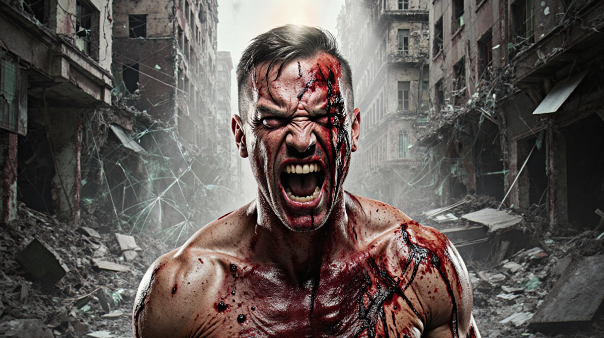 Bleeding protagonist screams with gore and dark humor under city ruin spotlight