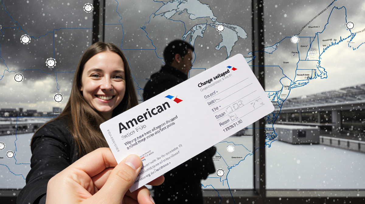 Smiling traveler holds a boarding pass with a blurred winter storm map and American Airlines logo and change fee waived banne