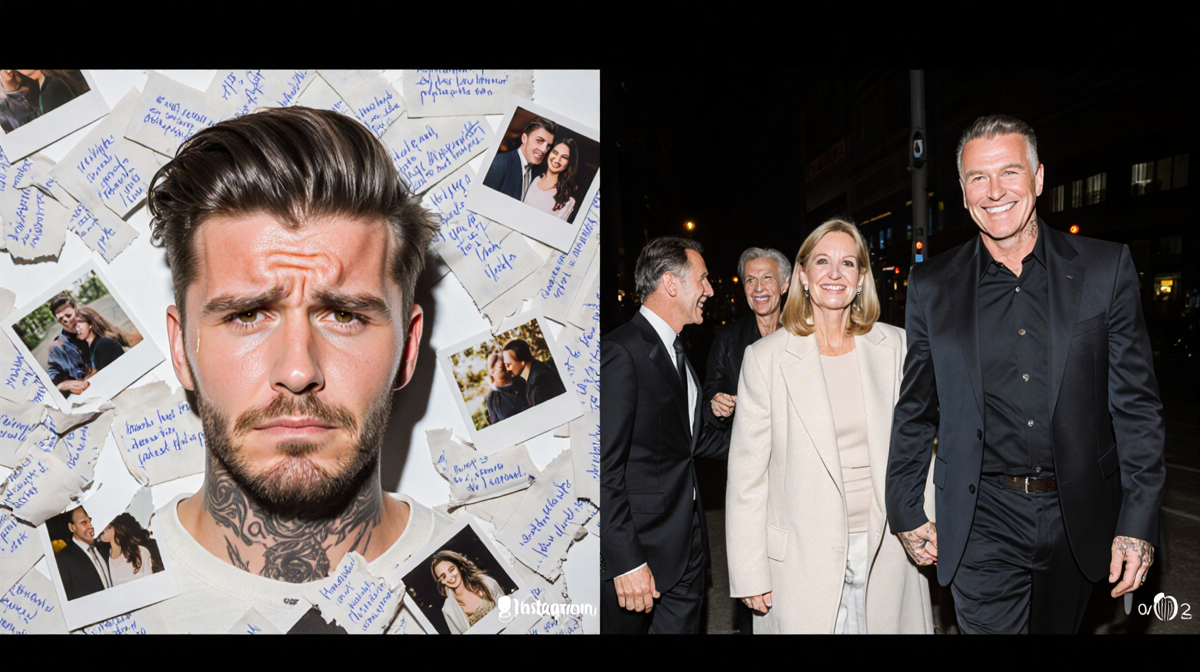 Brooklyn looks at camera with eyes beside photos while parents smile holding hands in fake reconciliation backdrop.