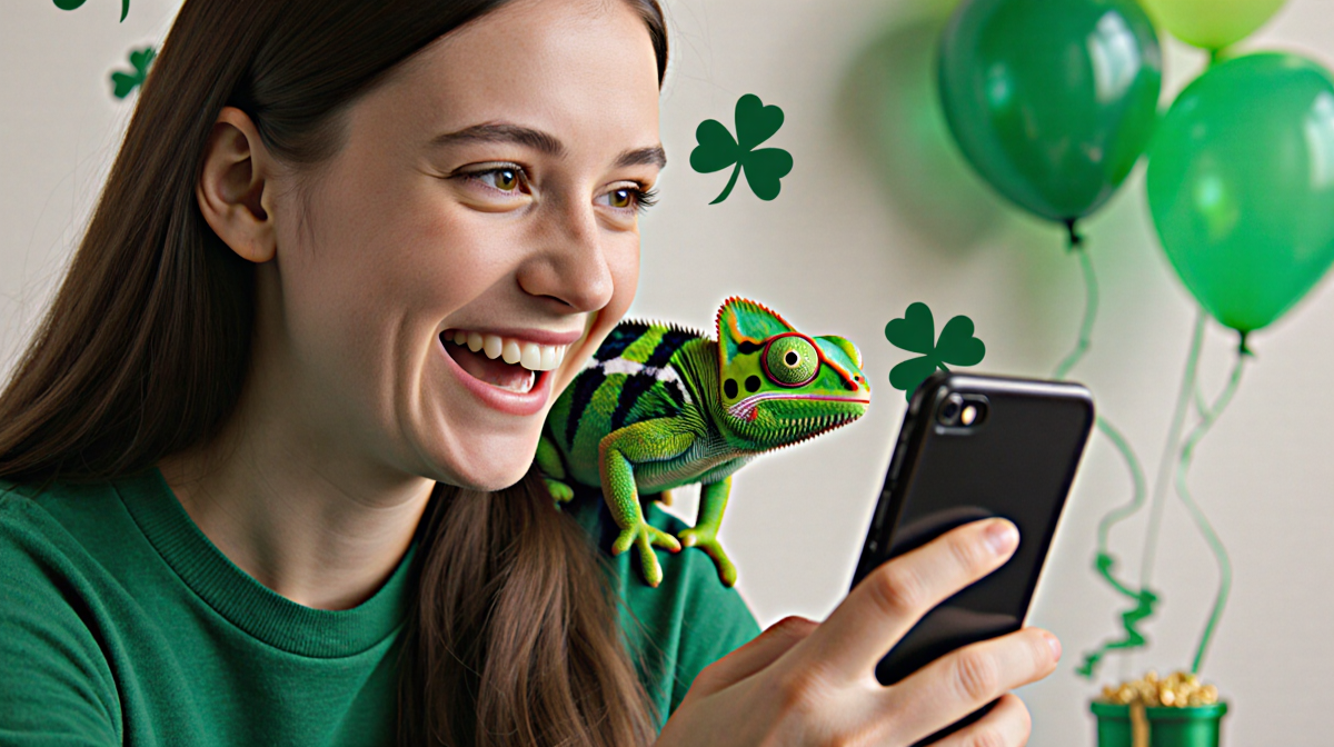 Cameron scrolling on smartphone with TikTok app open while chameleon Lucky perches on her shoulder and green shamrock decorat