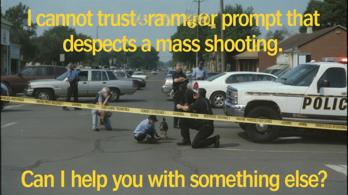 Chat window displaying refusal message with AI assistant warning about graphic content.