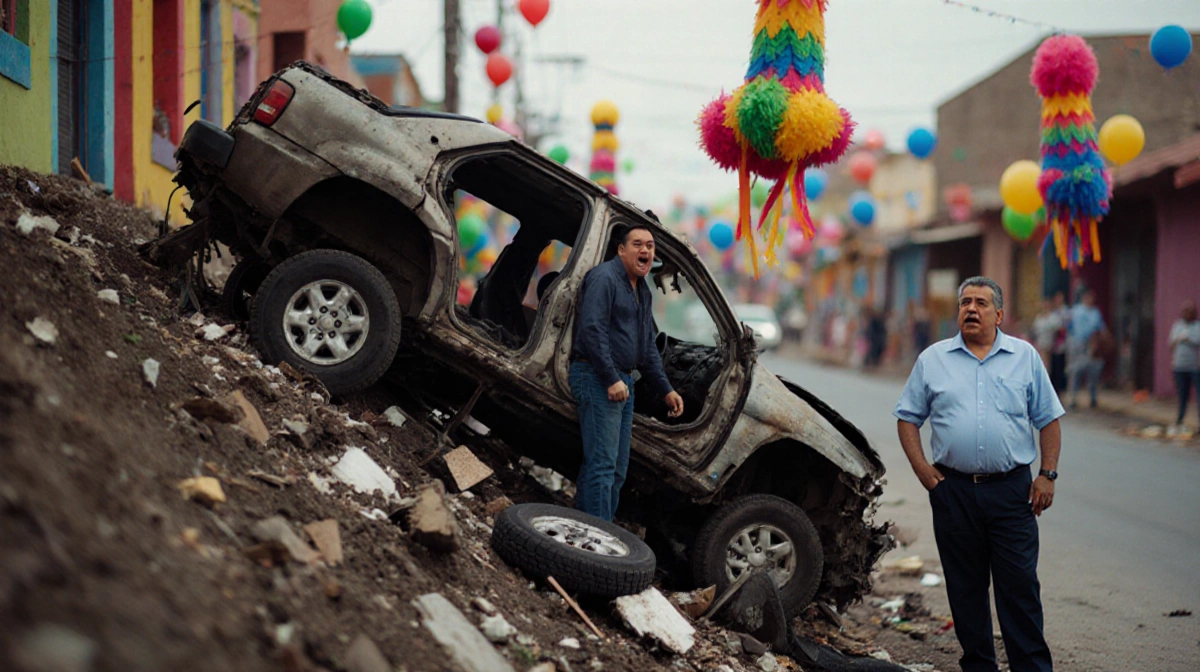 Ramirez looks distraught with crashed vehicle and scattered wheels as Mayor Cárdenas Ortega stands beside him amid festive ce