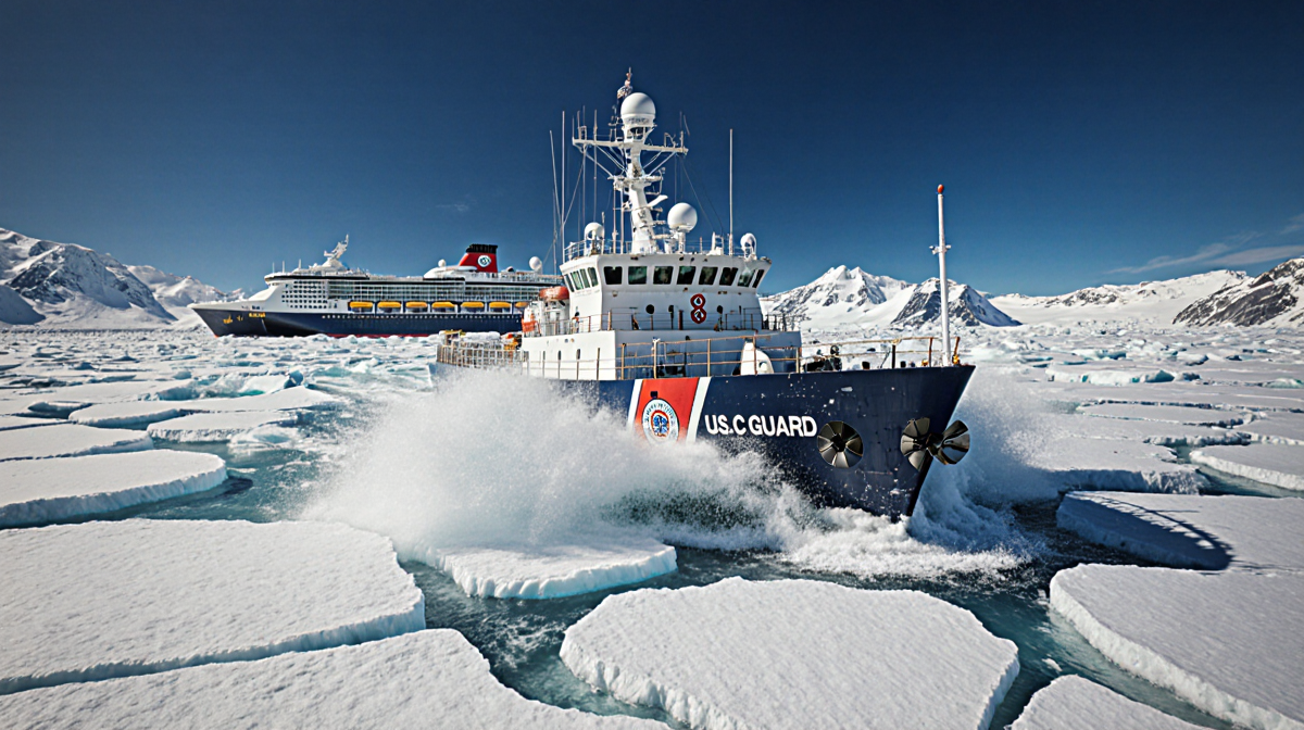 Coast Guard cutter breaking through ice with foam plumes and a trapped cruise ship in Antarctica.