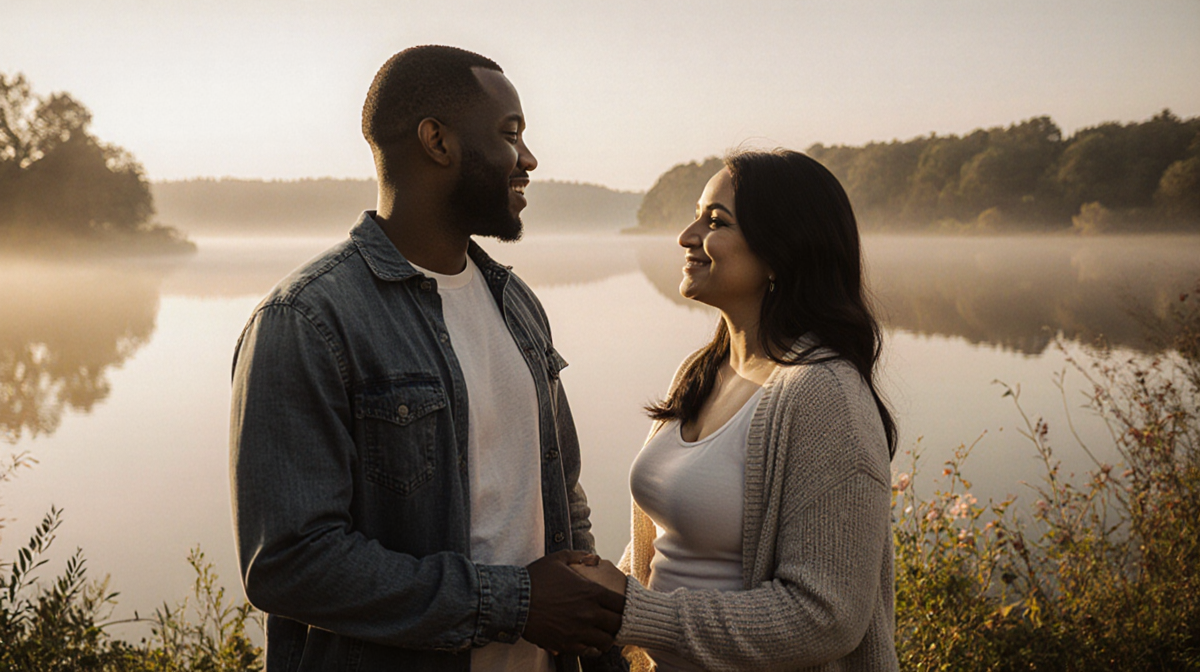 Quinton Aaron and Margarita standing together holding hands with warm lighting near a misty lake and a small weight loss trac