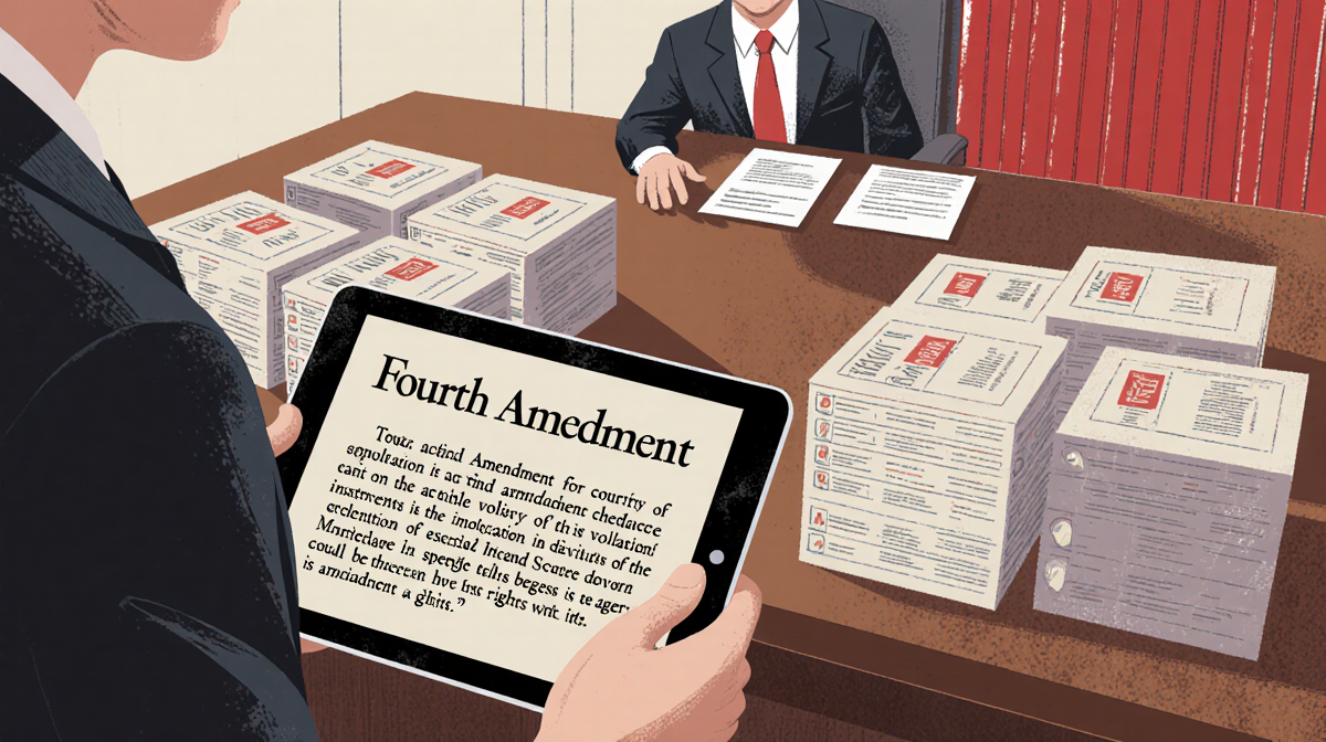 Spencer stands before judge holding tablet with Fourth Amendment text in courtroom with muted palette and subtle red urgency.