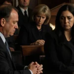 Mother bowing her head and clasping hands with tears streaming with judge bench glow and stern officials.