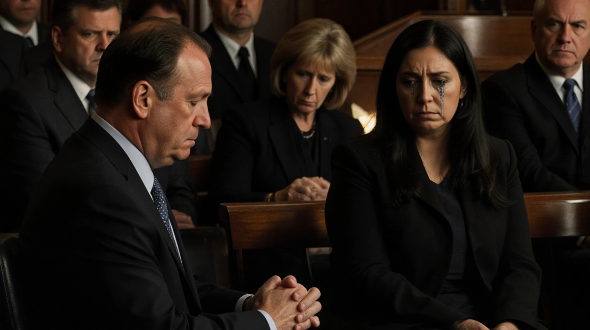 Mother bowing her head and clasping hands with tears streaming with judge bench glow and stern officials.