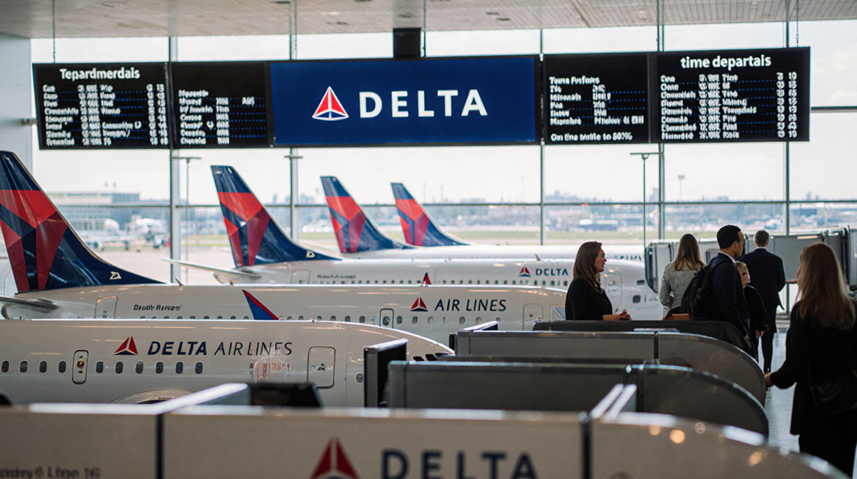 Passengers boarding Delta planes with airport terminal and Delta logo overhead