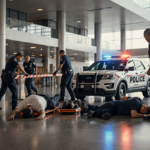Paramedics attending to three stretcher patients with two lying on ground and a fourth standing injured at blurred airport te