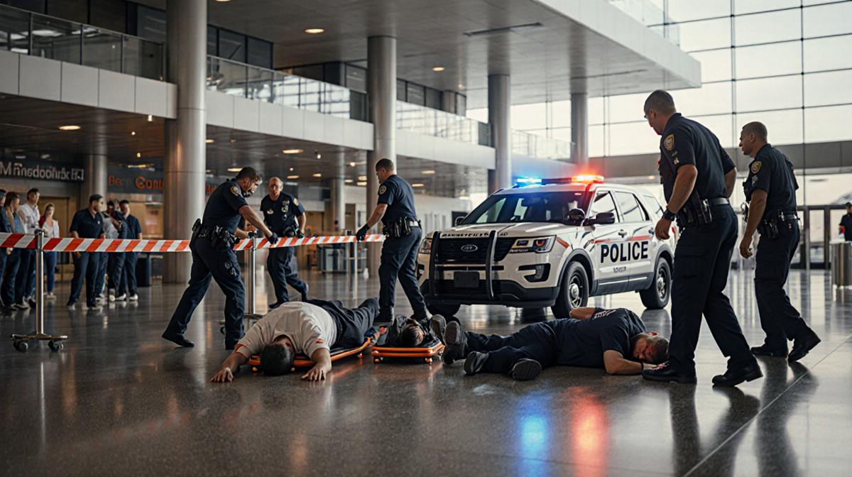 Paramedics attending to three stretcher patients with two lying on ground and a fourth standing injured at blurred airport te