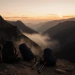 Eerie trail reveals golden dusk sky with mist rising over valley and abandoned backpacks.