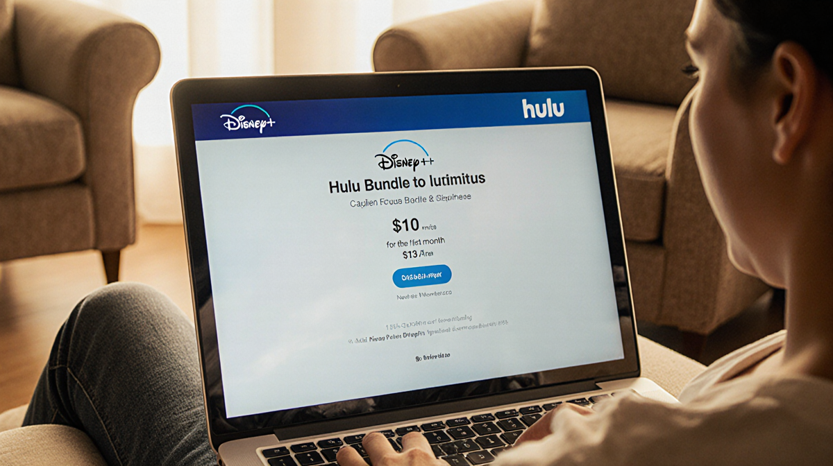 Person sits on couch using laptop with Disney Plus and Hulu bundle offer showing $10 first month $13 thereafter and soft glow