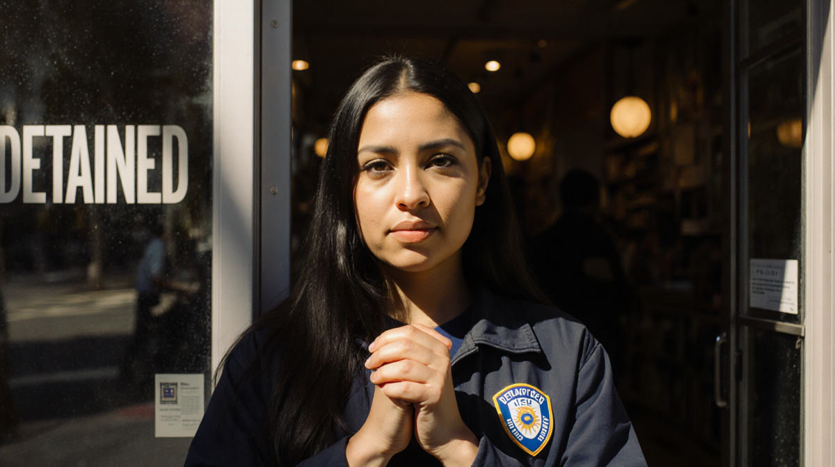 Diverse woman standing confidently with clasped hands and a warm glow on her face near a storefront displaying a subtle