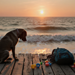 Dog sitting at weathered dock with Atlantic waves and abandoned backpack nearby