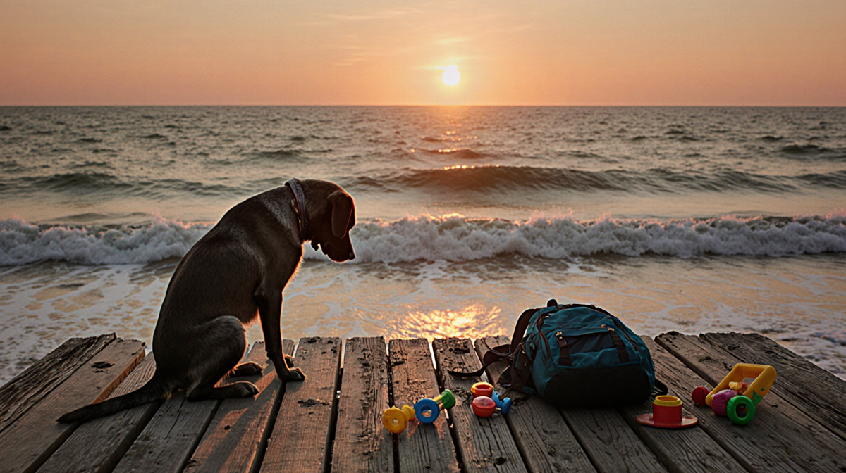 Dog sitting at weathered dock with Atlantic waves and abandoned backpack nearby