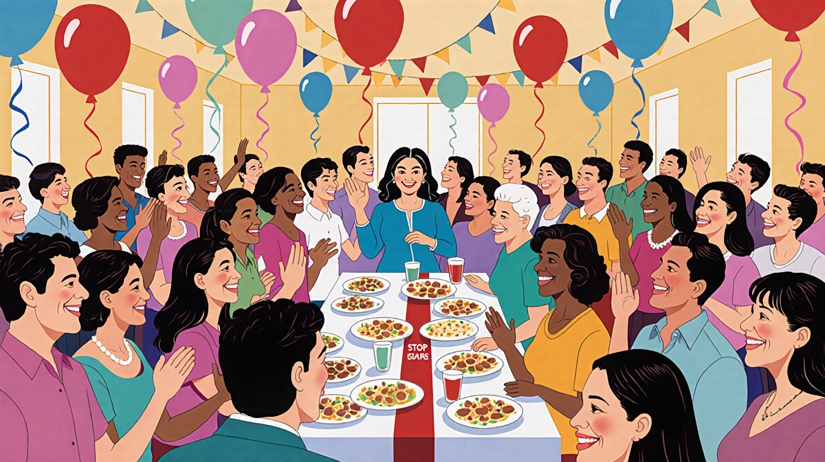 Dolores Catania standing at head of table with loved ones in festive room with a subtle stop line