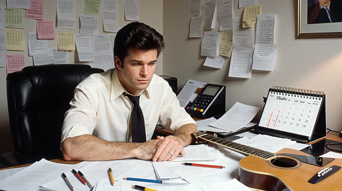 Donny Osmond sits at a cluttered desk with papers and pens and a calendar showing his music career promotion