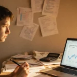 Person sits at cluttered desk holding pen with golden light on face and laptop showing inflation graph.