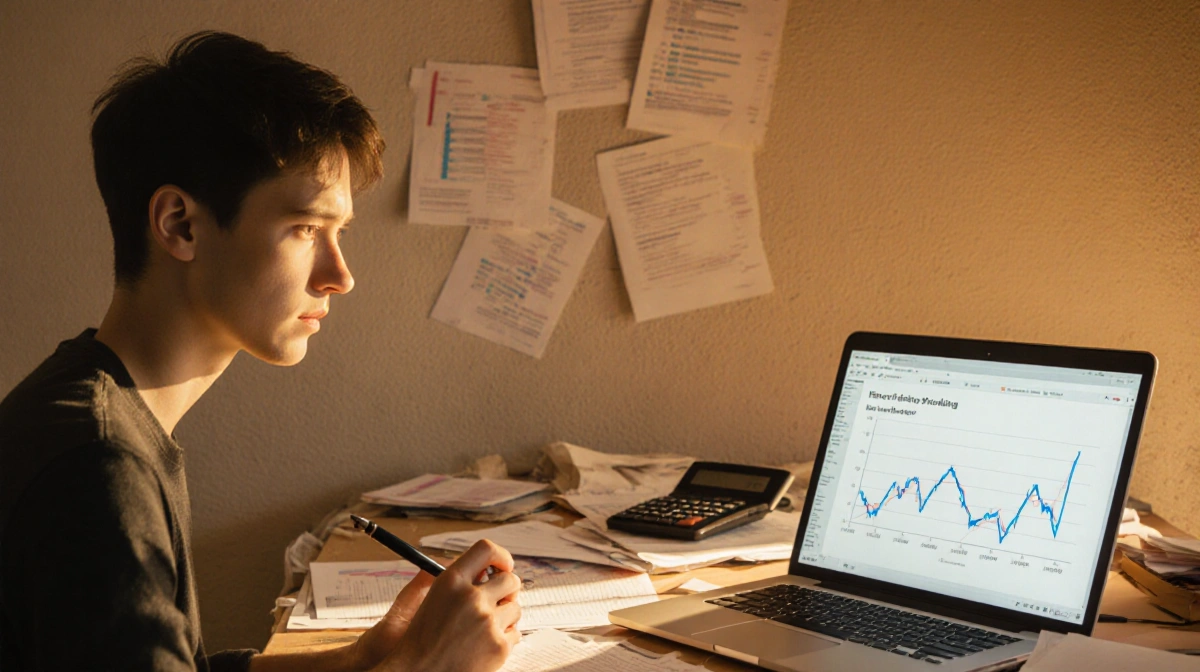 Person sits at cluttered desk holding pen with golden light on face and laptop showing inflation graph.