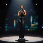 Ego Nwodim standing on empty SNL stage with a spotlight shining and her hands clasped.
