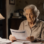 Elderly woman staring at insurance plan with worried expression and stacks of bills on kitchen table