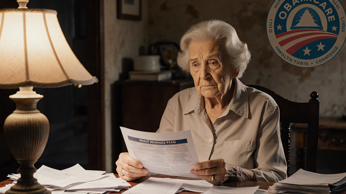 Elderly woman staring at insurance plan with worried expression and stacks of bills on kitchen table