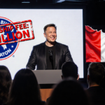 Elon Musk stands at podium laughing with Trump peace logo and torn Canadian flag beside a puzzled audience
