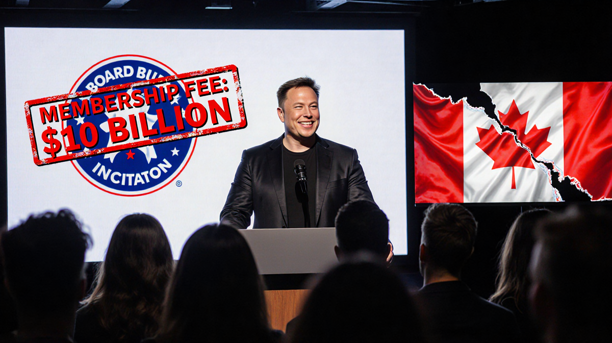 Elon Musk stands at podium laughing with Trump peace logo and torn Canadian flag beside a puzzled audience