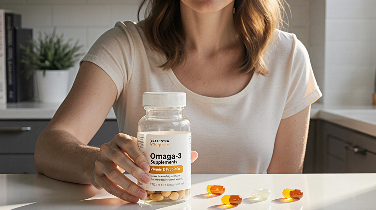 Evangeline Lilly holding a glass supplement bottle with scattered capsules and a calming plant in daily routine