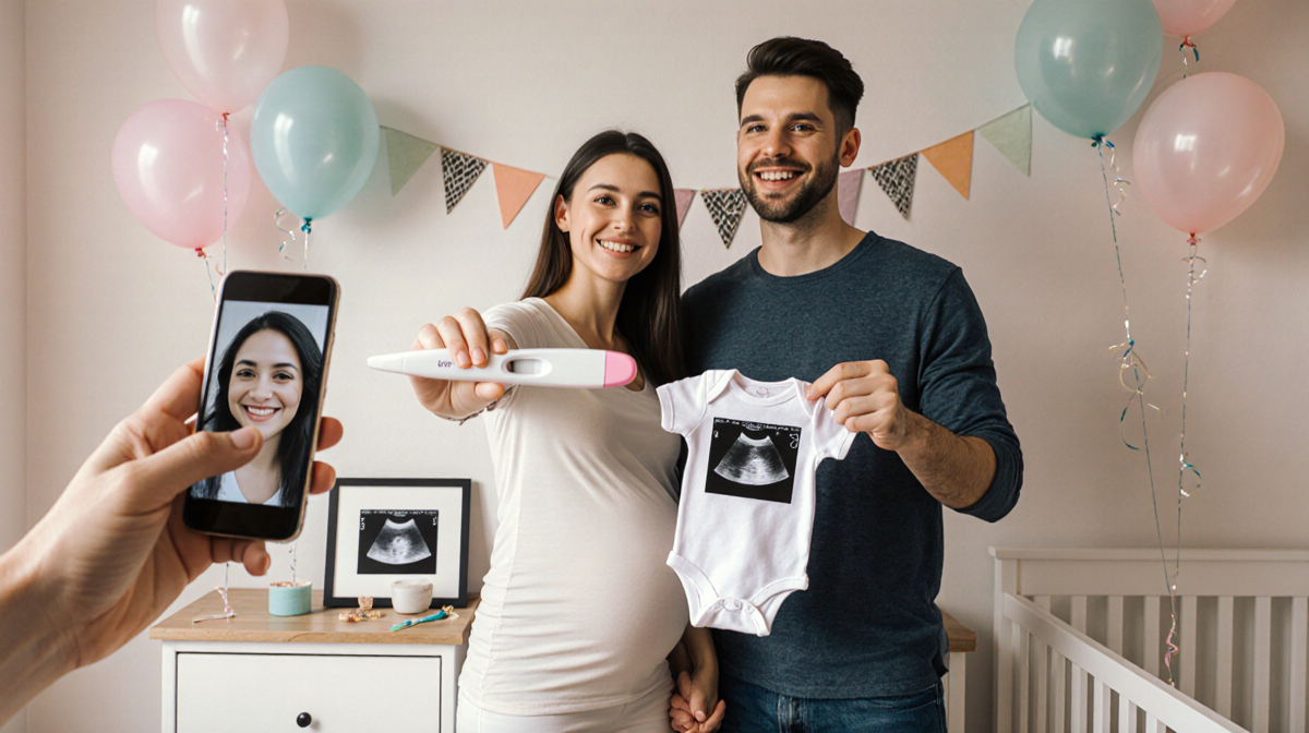 Expectant couple holding hands with positive pregnancy test and baby onesie in a pastel nursery with balloons.