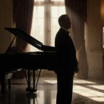 Man in formal attire standing near grand piano in Fairmont Hotel lobby with faint Tommy Lee Jones image in background