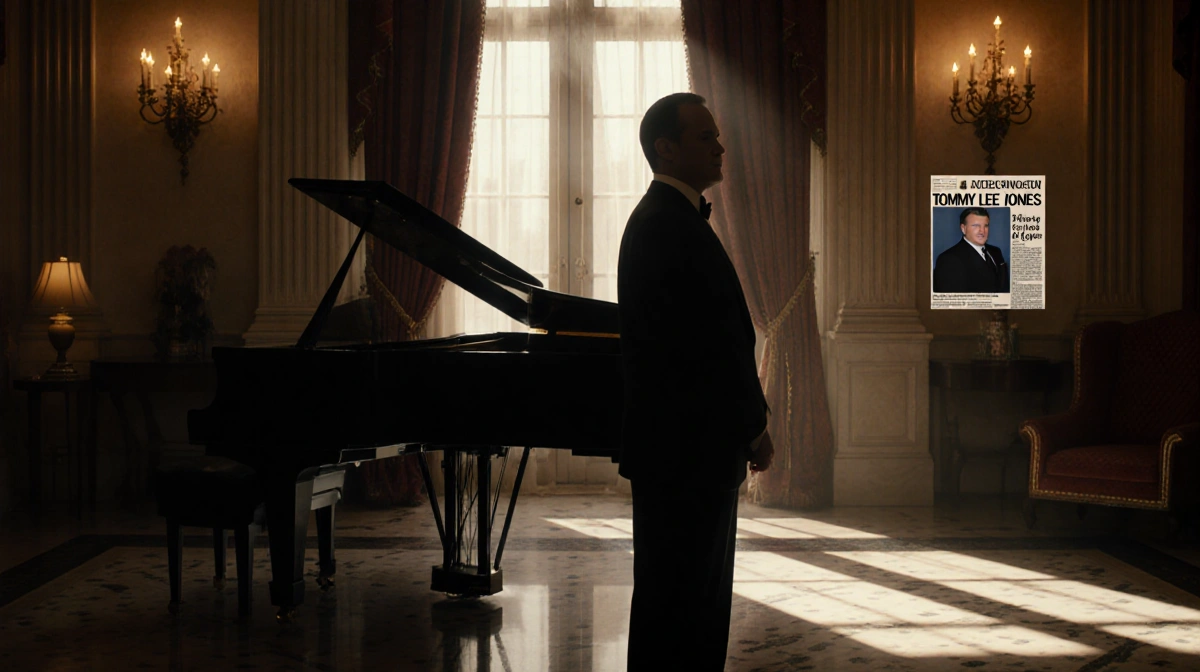 Man in formal attire standing near grand piano in Fairmont Hotel lobby with faint Tommy Lee Jones image in background