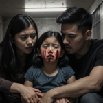 Family huddles together with tearful daughter and bloodstained nose in dimly lit detention center