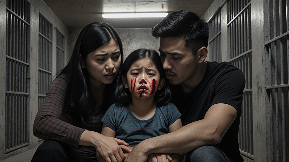 Family huddles together with tearful daughter and bloodstained nose in dimly lit detention center