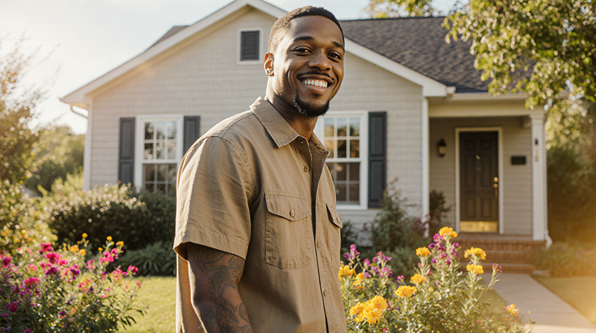 Fetty Wap standing outside a renovated house with a lush garden and golden light.