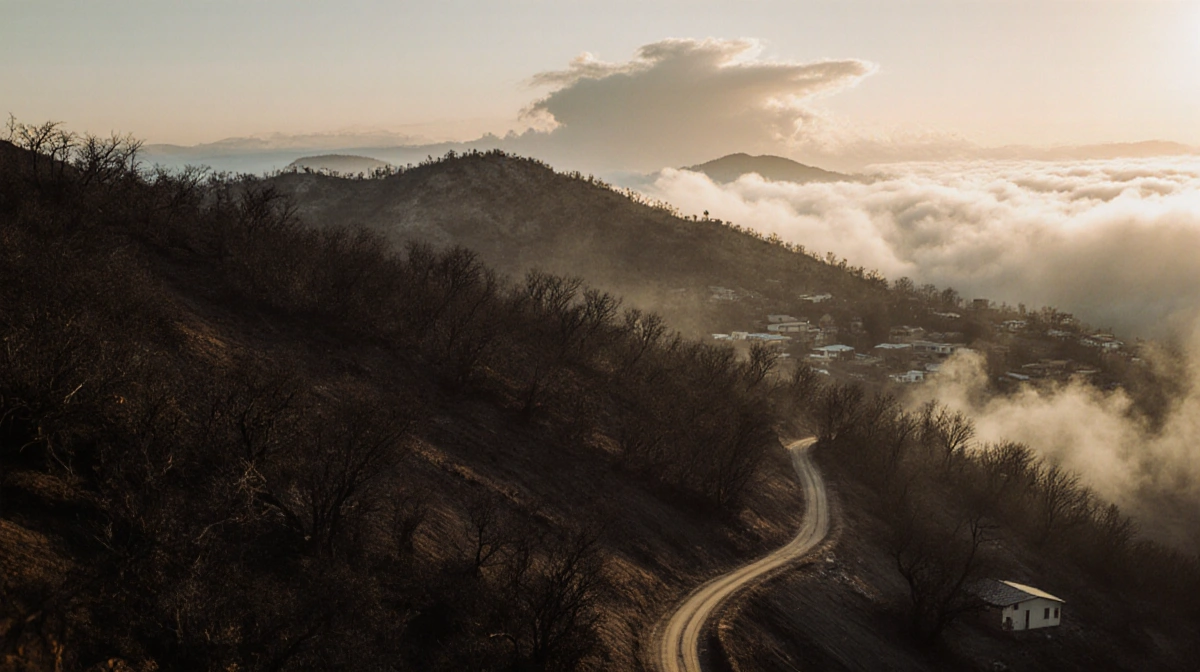 Winding dirt road disappears into haze with fog swirling at mountain base and golden glow over horizon