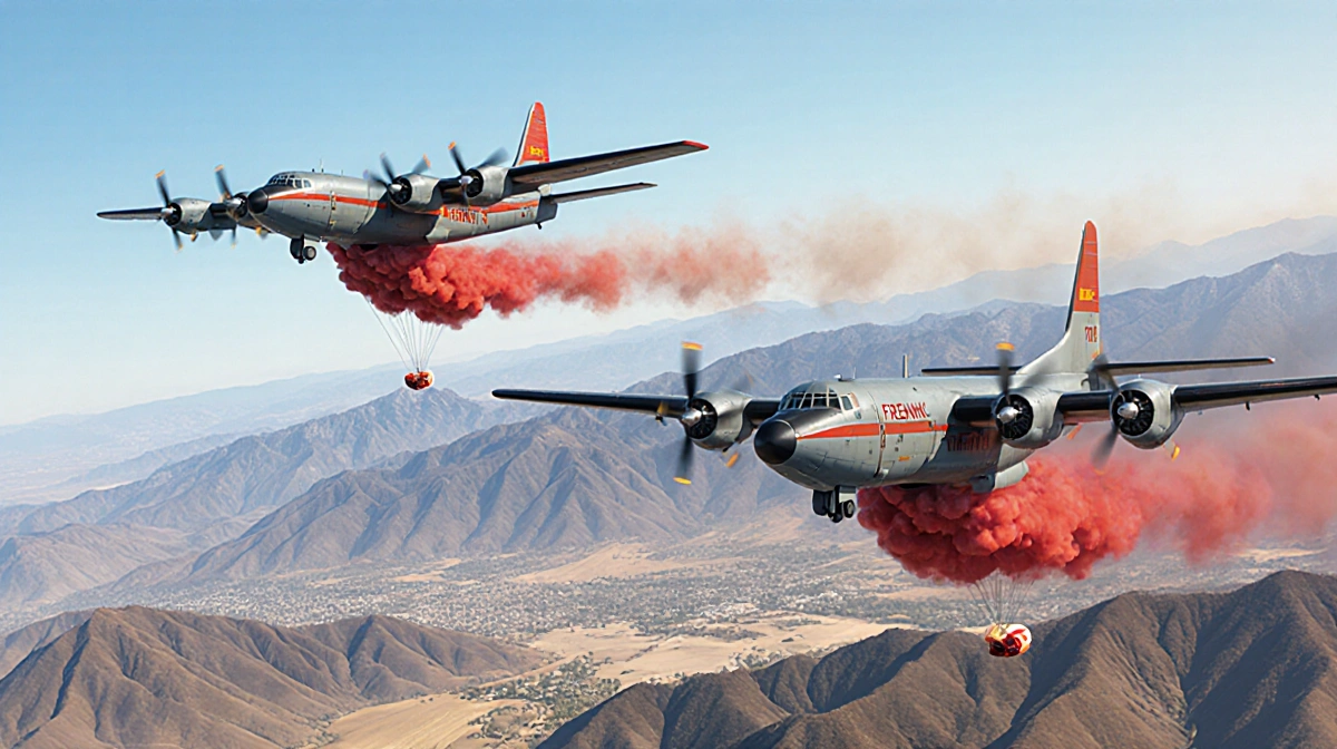 Two firefighting aircraft dropping water midair over Southern California with San Gabriel Mountains in background