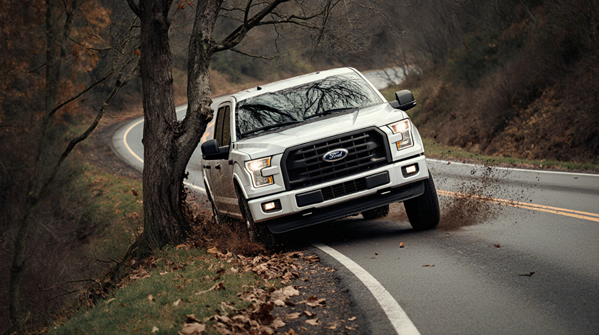 Ford F-150 veering off a winding road crashes into twisted tree with tire marks and scattered leaves