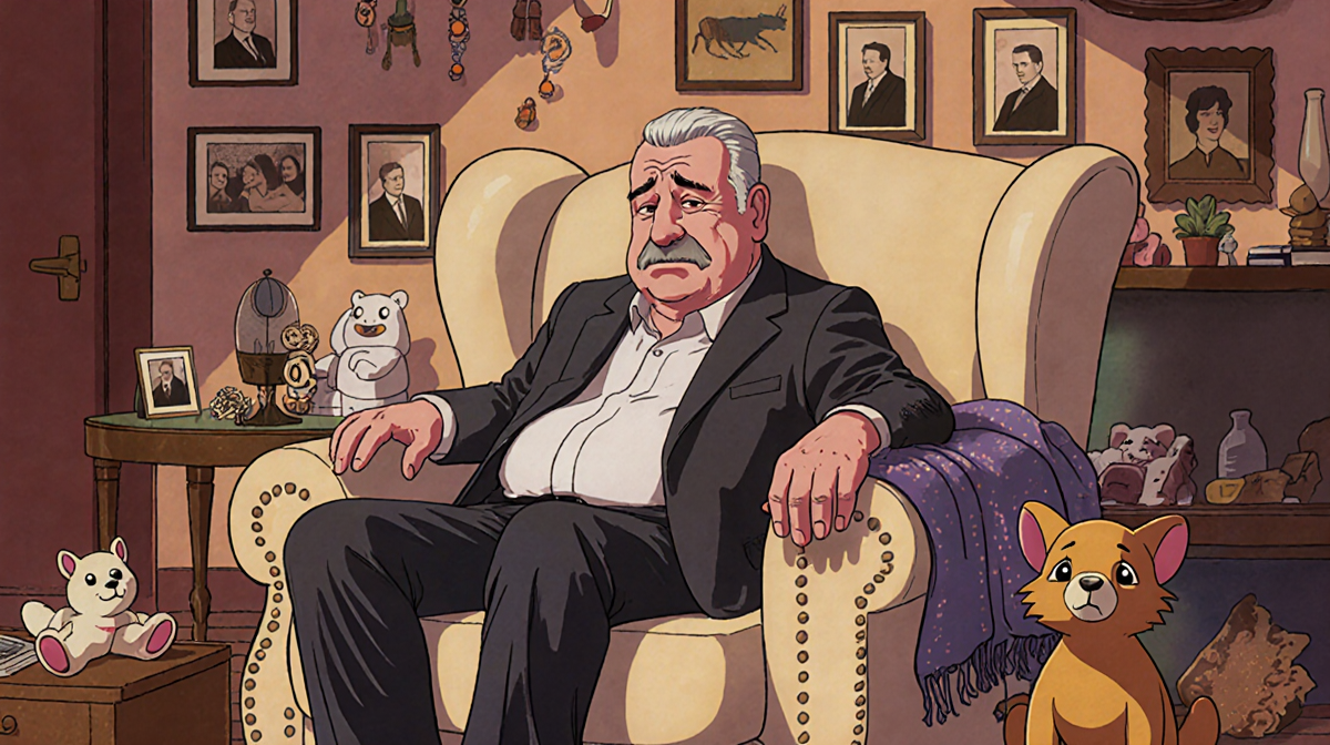 Freemyer sits on a cozy couch with framed photos and a soft blanket evoking nostalgia.