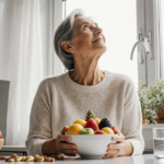 Middle-aged woman holding fruit bowl on kitchen counter with natural light from window and herbs on sill and eyes looking up