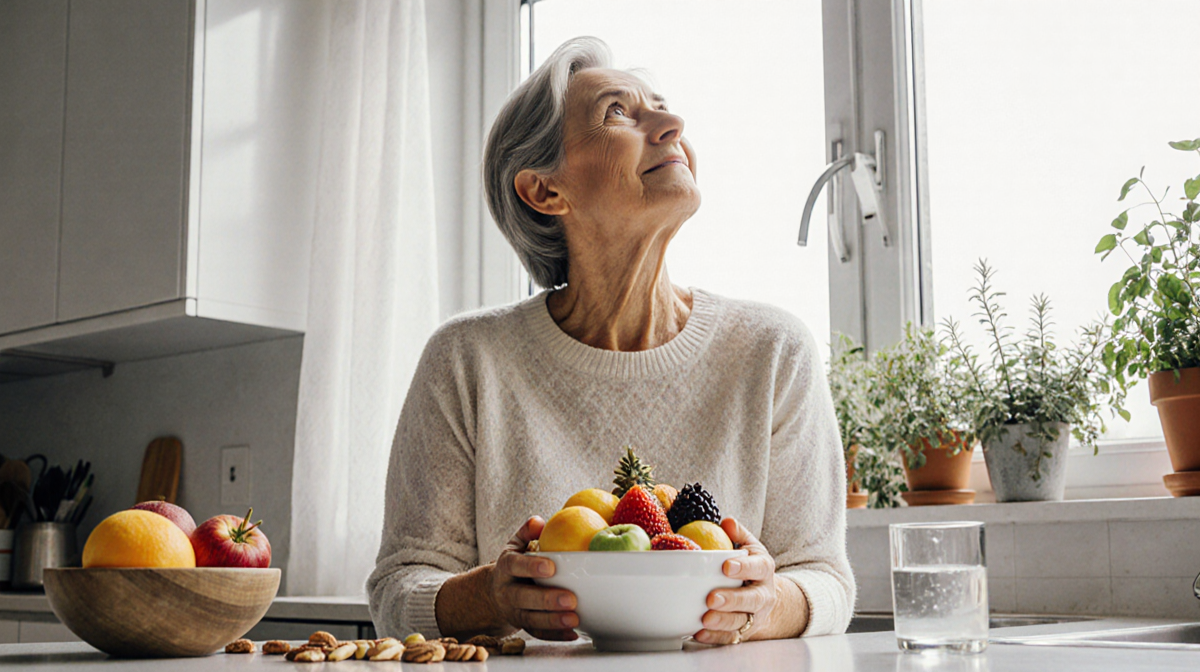 Middle-aged woman holding fruit bowl on kitchen counter with natural light from window and herbs on sill and eyes looking up