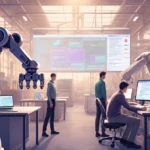 Humans and humanoid robots assembling parts together with smart workstations and a large screen showing agent protocols.