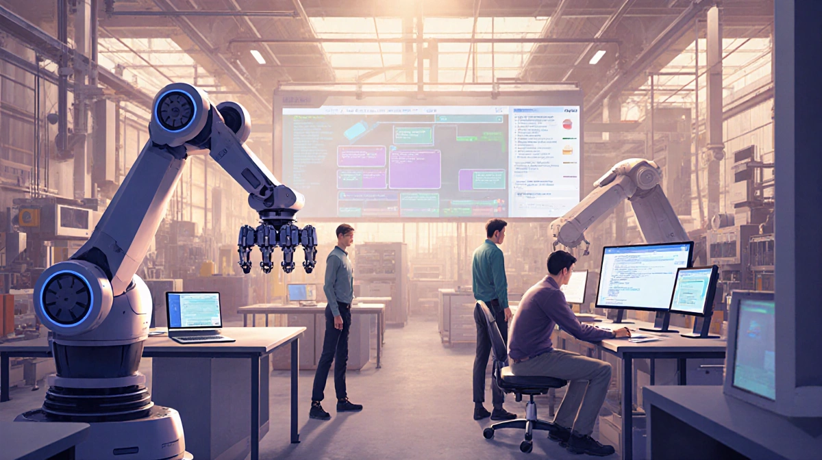 Humans and humanoid robots assembling parts together with smart workstations and a large screen showing agent protocols.