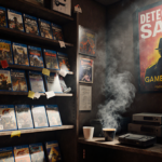 Game store shelf highlighting select titles with colorful posters steaming coffee and gaming consoles in warm glow