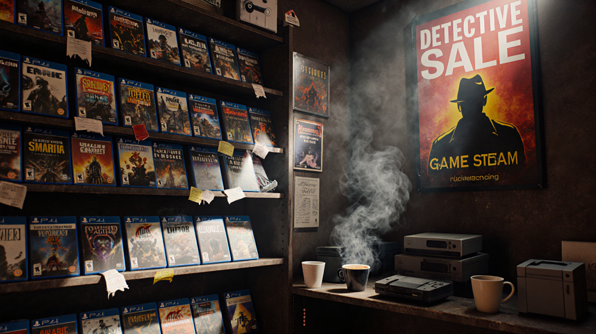 Game store shelf highlighting select titles with colorful posters steaming coffee and gaming consoles in warm glow