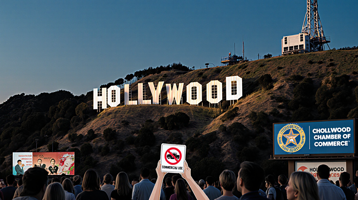 Hollywood sign glowing at dusk with a crowd holding a No Commercial Use banner near billboards.