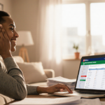 Person smiling and typing on laptop with H&R Block tax software open surrounded by paperwork in warm home office
